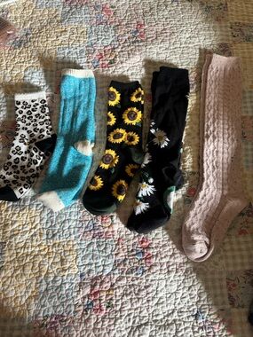 Women’s Assorted Patterned Crew Socks - Sunflower, Daisy, Leopard, Blue & Pink